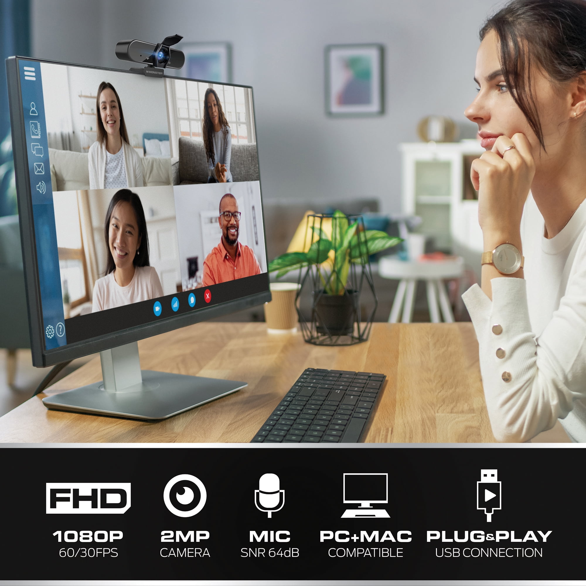 Monster 080P HD Insight Pro Premium Black Webcam, Auto Focus, 2 MP