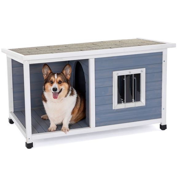 Petsfit Weatherproof Dog House with Porch and Window, Asphalt Roofing, Light Grey, Medium Small Dogs