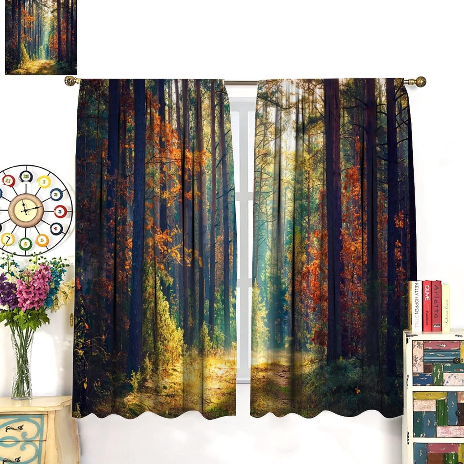 Forest Bedroom Curtains,Nature Scenery Sunshine Trees Blackout Window Door Curtains for Bedroom Living Room Kitchen Bathroom Hotels Decor,2 Panel Set W42xL54in