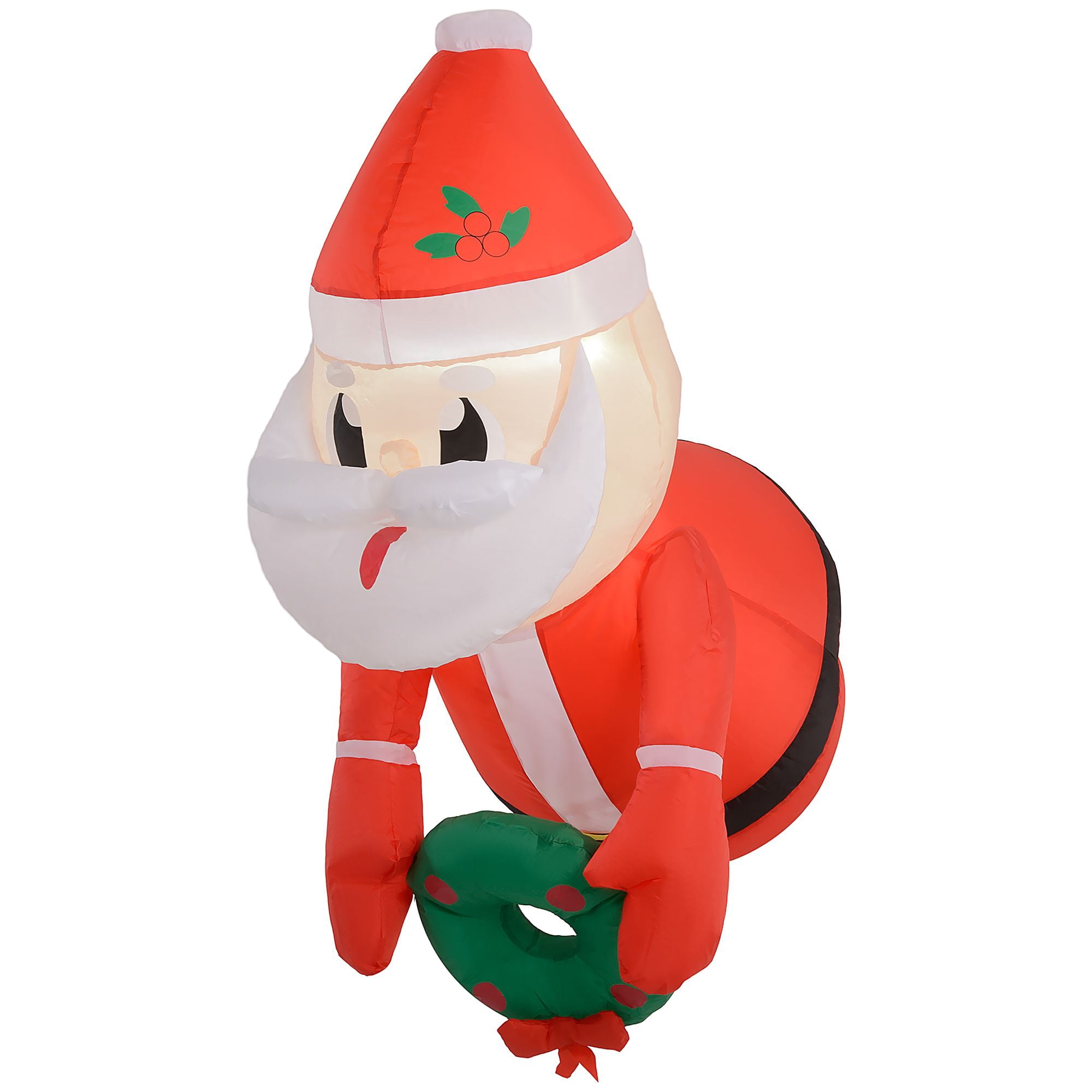 Inflatable Hanging Santa Claus Holding Wreath with LED Lights, 3 ft Christmas Outdoor Decoration for Window, Yard, and Garden