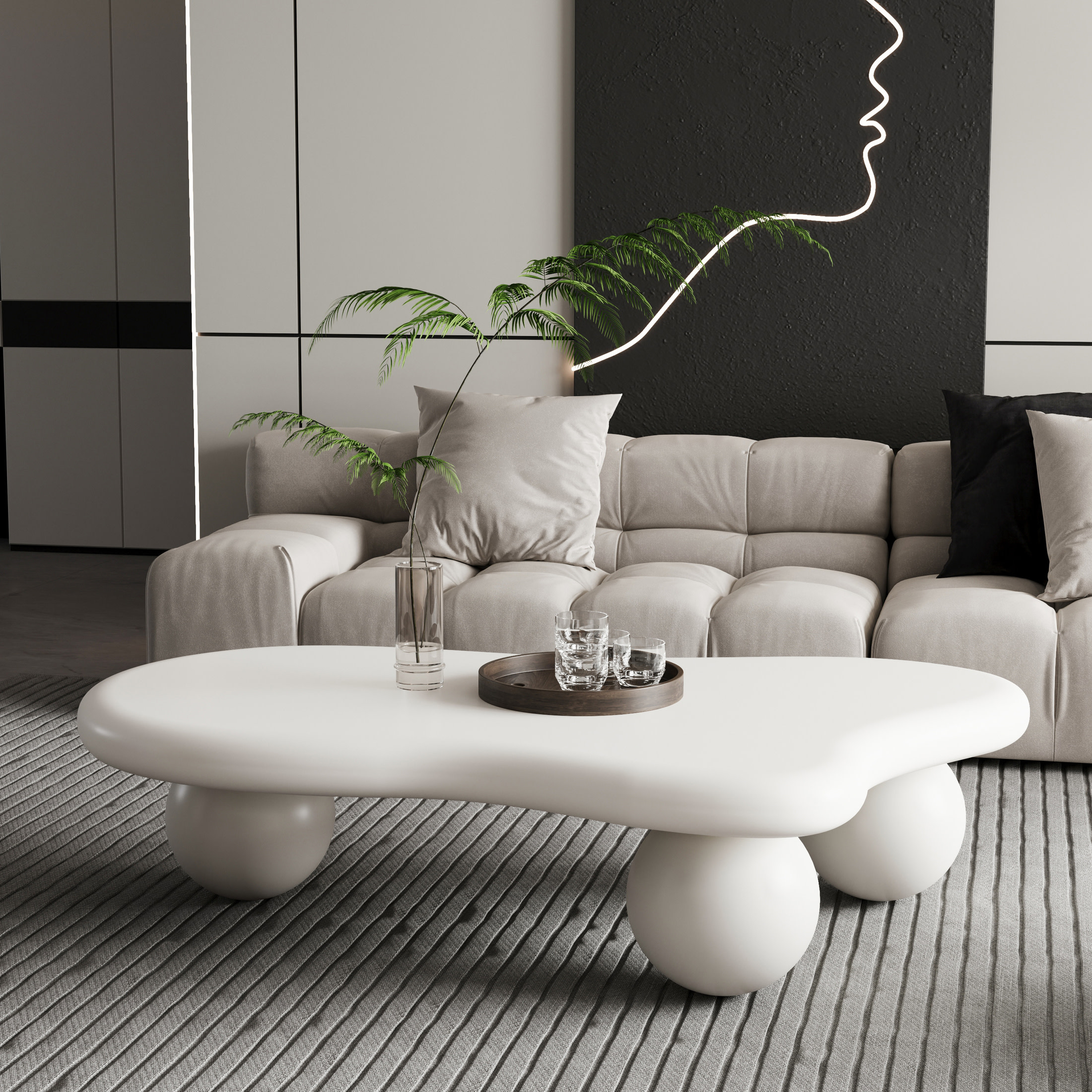 Noble House 47" Cloud Shaped Coffee Table with Ball Legs, Modern Aesthetic Accent Table for Living Room, White