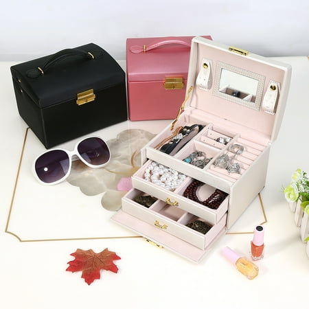Jewelry Box Lock Set Dilwe 3-Layer Jewelry Box Large Girls Jewelry Organizer Display Storage Case with Lock Mirror ()