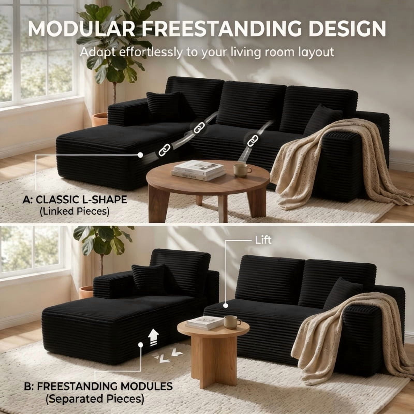 104" Cloud Sectional Couch, Boneless Sofa for Living Room, Modular Sectional Sofa with Deep Seat, Comfy Fluffy Couch with L-Shaped Chaise, No Assembly Required (Left-Facing Chaise, Black)
