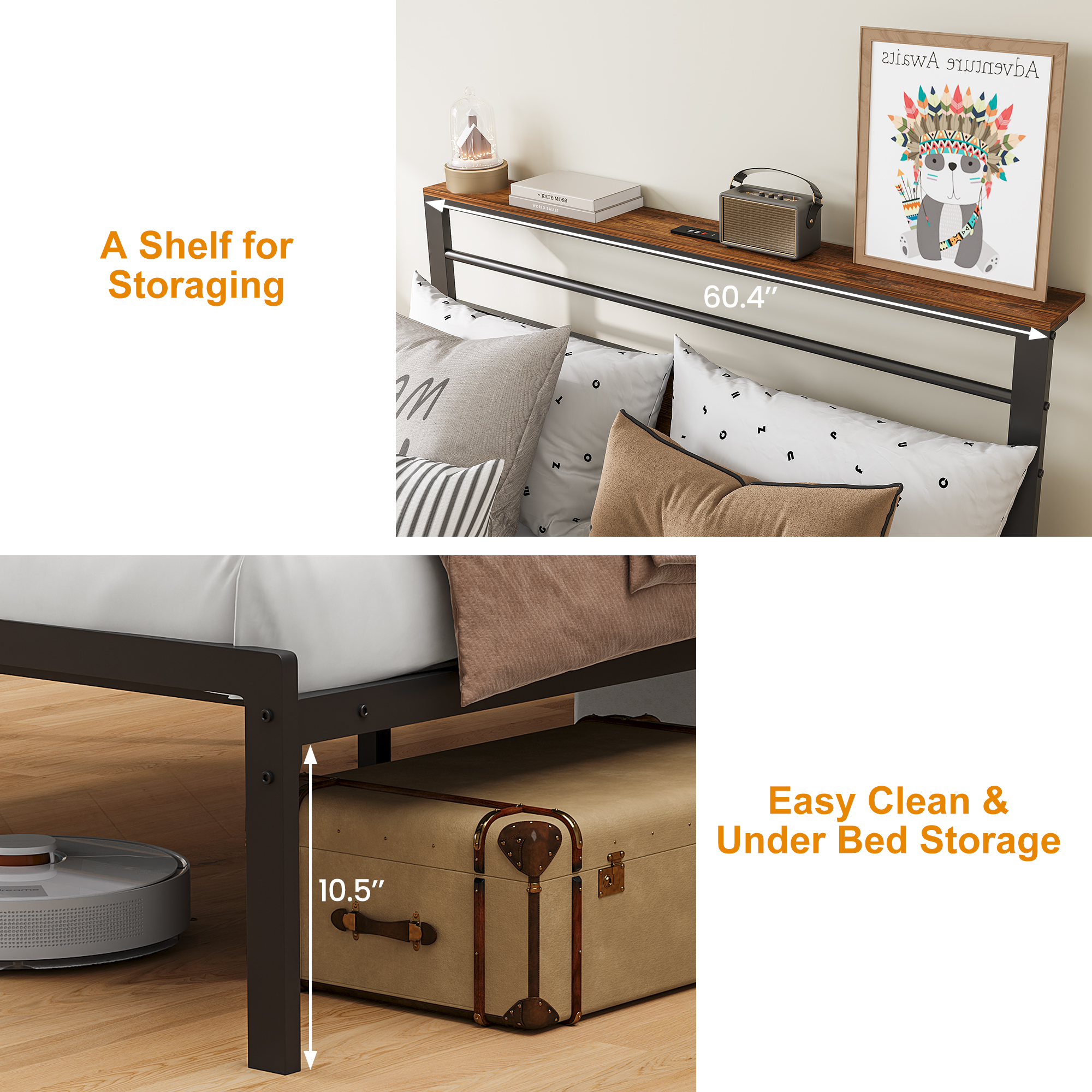 Heynemo Queen Bed Frame with Upholstered Headboard, Metal Platform Bed with USB Charging Station, Easy Assembly, No Box Spring Needed