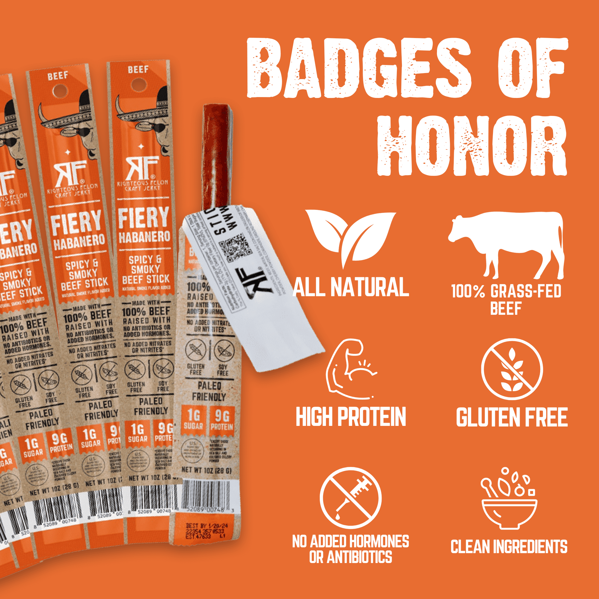 Righteous Felon Grass-Fed Meat Sticks - Low Sugar, High Protein Beef - Fiery Habanero, 24 pack