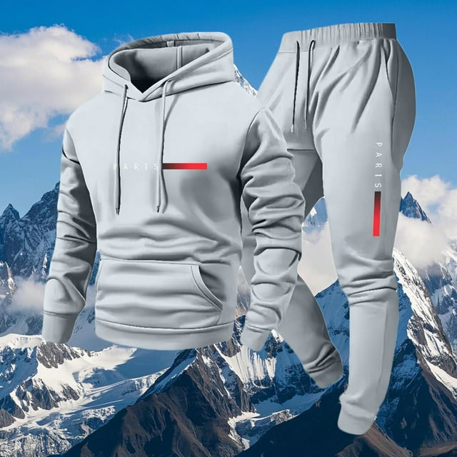 Ceisia Men's PARIS Print Hooded Tracksuit Set with Kangaroo Pocket for Casual & Sports Wear Gray M Gifts