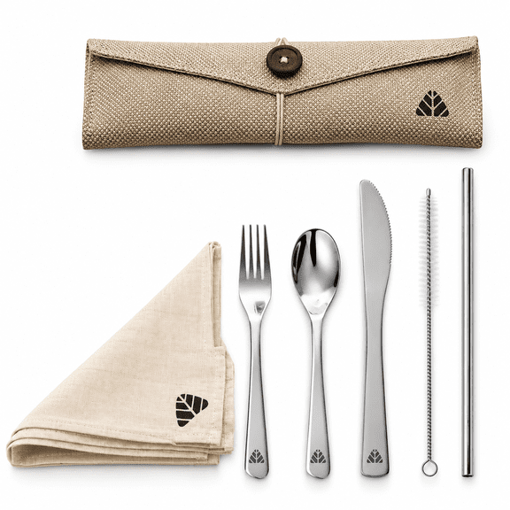 Rusabl - Reusable Travel Cutlery Set with Spoon Fork Knife Chopsticks Straw Cleaning Brush and Carry Pouch for Daily Dining