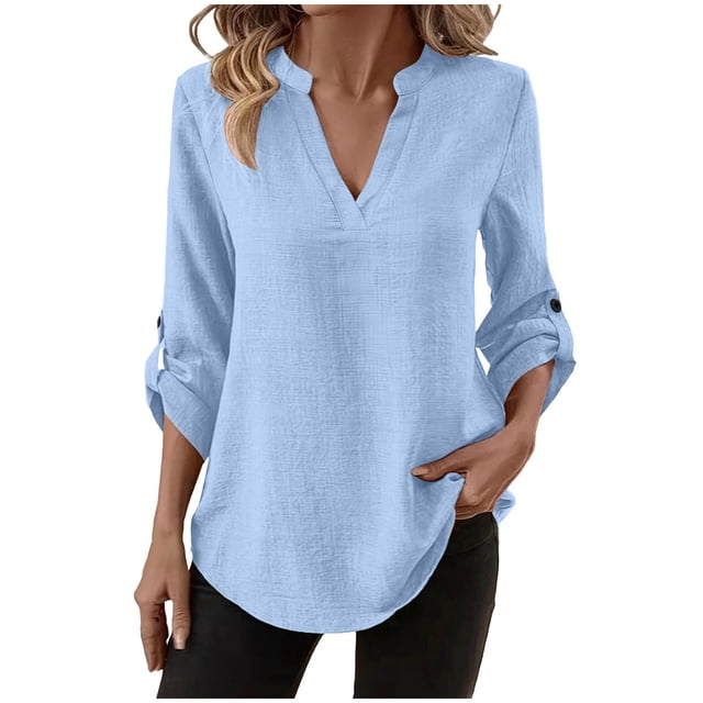 Camisas de Color Sólido para las Mujeres 3/4 Manga Manga Corta Cuello en V, Blusa Casual para Primavera Verano Diario