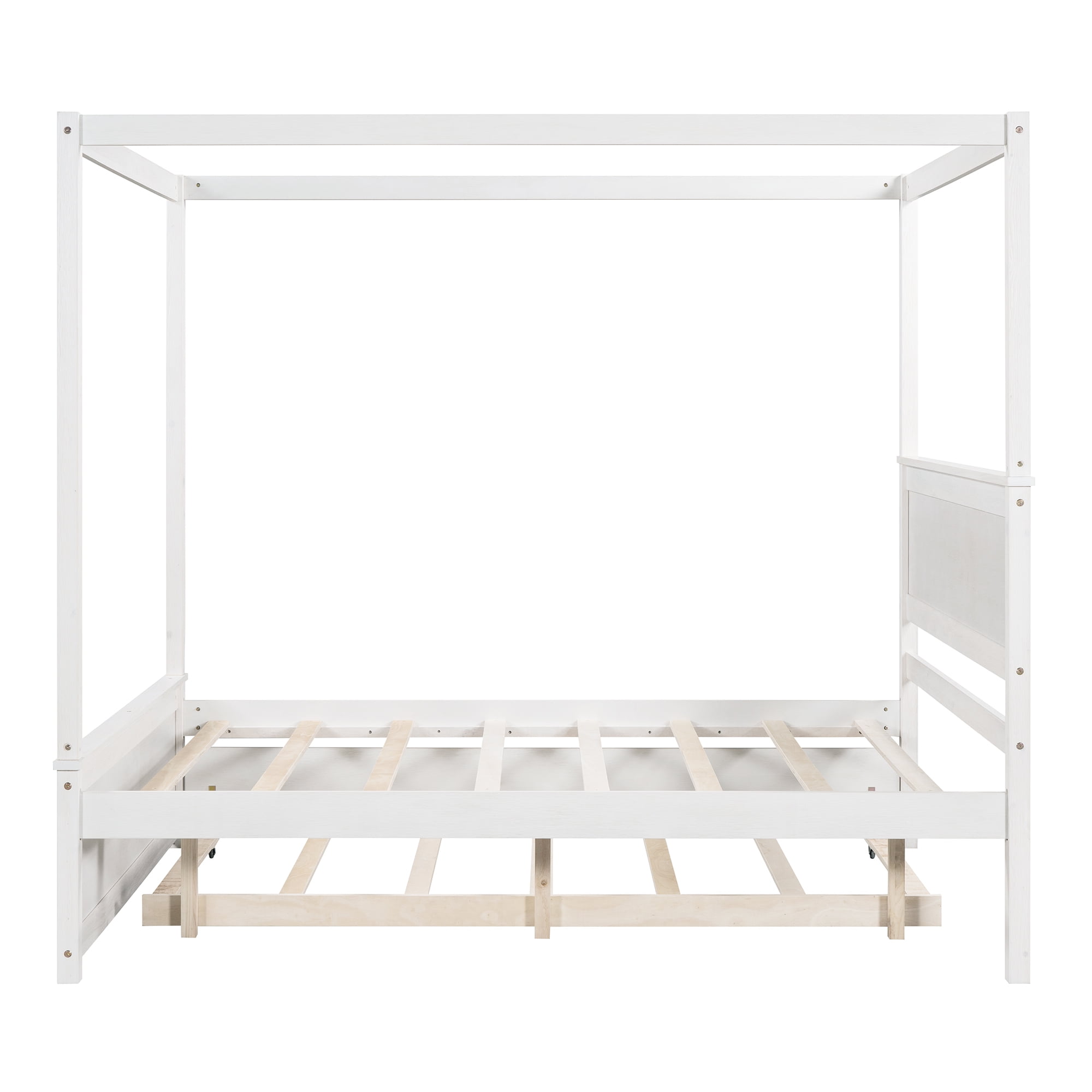 Gewnee Wood Canopy Bed ,Full Size Platform Bed Frame with Trundle and Headboard,White
