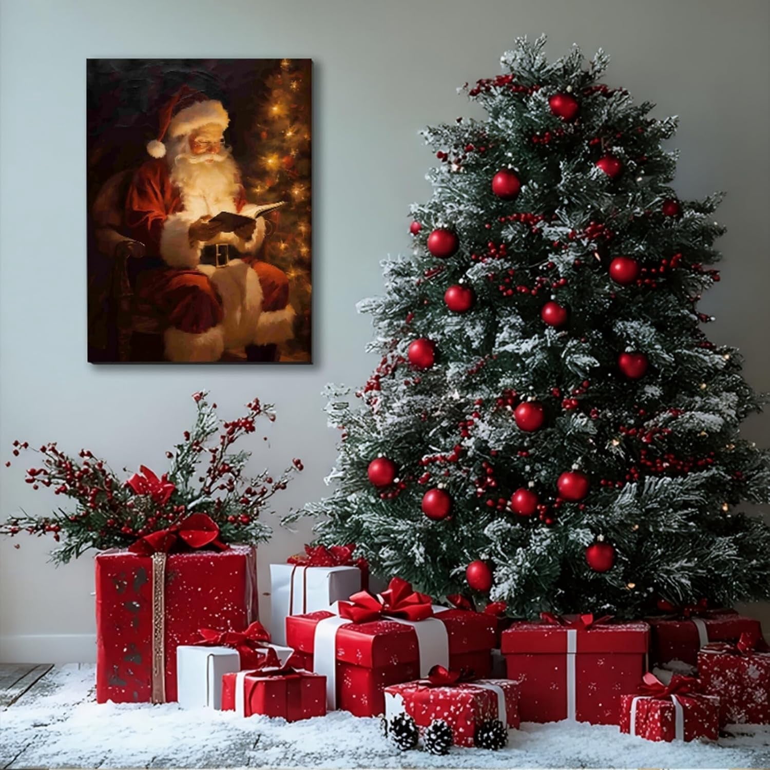 Christmas Reindeer Wall Art Framed, Cottage Winter Forest Wildlife Deer Picture Wall Decor, Rustic Xmas Cozy Winter Hanging Canvas Prints for Home Bedroom Living Room Decoration
