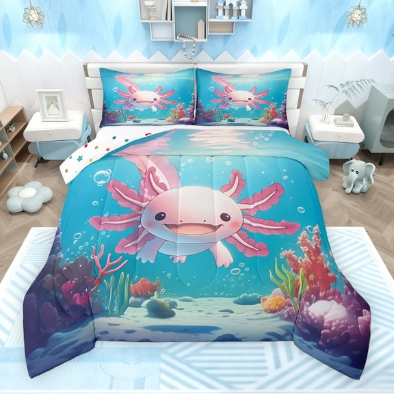 Feelyou 3D Funny Axolotl Queen Comforter Set for Child, Kawaii Marine Sealife Bedding Sets, Underwater World Reversible Bedding Comforter Set, Luxury Bedroom Decor, 3-Piece