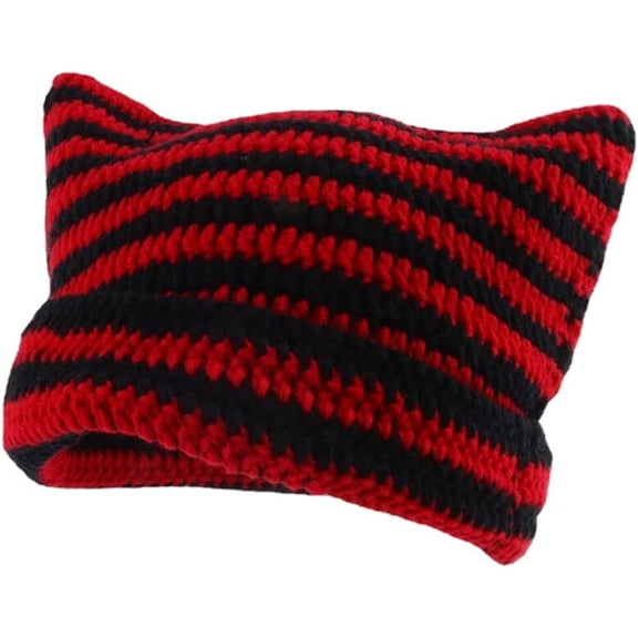 TuseyRxln Women Striped Beanie Hat with Little Devil Horn Winter Warm Cap Cute Cat Ears Knitted Hat Fall Black Red