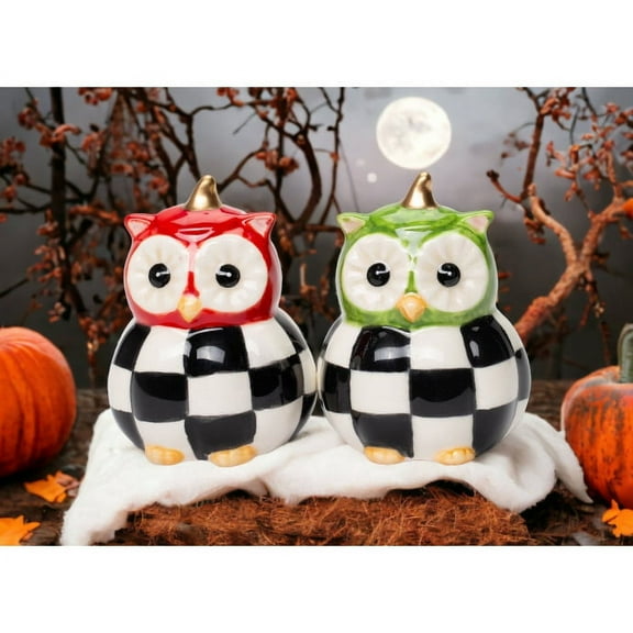 Ceramic Black and White Owl Salt and Pepper Shakers 2.25"