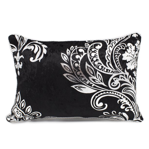 Stunning Silk Velvet Foil Floral Decorative Throw Pillow (Black+Silver