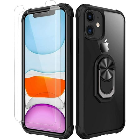 Amuoc iPhone 11 Case,[ Military Grade ] with [ Glass Screen Protector] 15ft. Drop Tested Protective Case | Kickstand | Compatible with Apple iPhone 11 Case 6.1 Inch -Black-iPhone 11