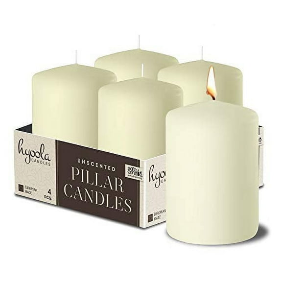 Hyoola 2 x 3 Ivory Unscented European Made Pillar Candles, Dripless Paraffin Wax with Smokeless Cotton Wicks, 4-Pack