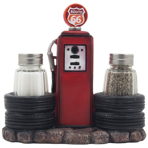 Vintage Gas Station Filling Pump Salt and Pepper Shaker Set with Decorative Car Tires & Route 66 Sign for