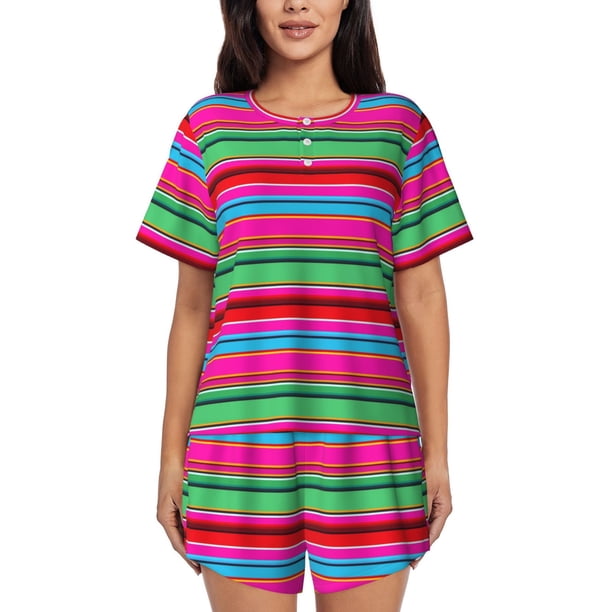 Fotbe Colorful Mexican Stripes Conjunto de Pijama Estampado para Mujer, 2 Piezas, Ropa de Dormir con Camiseta de Manga Corta y Shorts Suaves-Medium