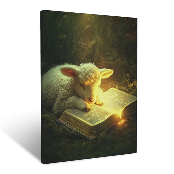 CozyNet A Peaceful Lamb Resting Beside A Glowing Bible In A Green Pasture Of Light Wall Art Prints With Frame Canvas Perfect for Living Room & Bedroom, Ready to Hang, Wall Decor 12"x16"