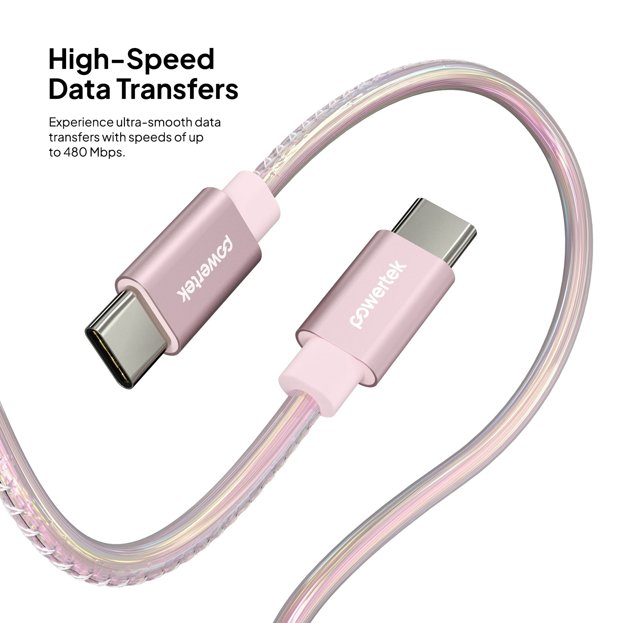 Powertek USB-C to USB-C (Type-C) Metallic Shine Pastel Fast Charging Cable, 60W, 6 ft, Pink