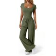 thumbnail image 4 of Women's Ribbed Two Piece Set, Square Neck Crop Top and High Waist Wide Leg Pants Set, Casual Summer Outfit with Side Pockets, Fashion Two Piece Outfit for Going Out Outfits Army Green, 4 of 8