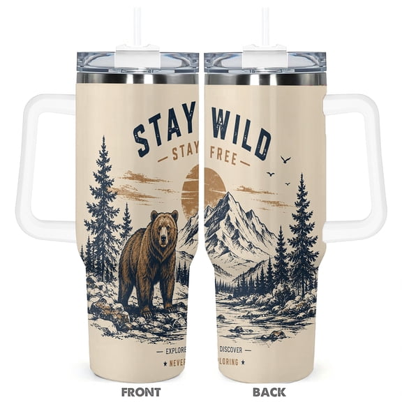 40oz Stay Wild Bear Mountain Insulated Travel Tumbler with Handle Straw Lid Car Cup Coffee Mug Outdoor Gift