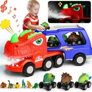 HopeRock Dinosaur Toy Cars Smoke Light-up Carrier Truck for Kids, 10 in 1 Cartoon Vehicles Playset with Double-Decker, Christmas Gift Toys for 2 3 4 5 6 Year Old Boys Grils