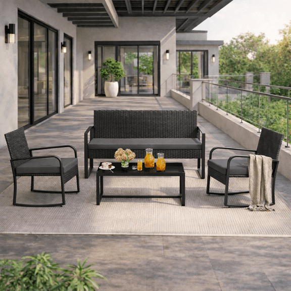 All-Weather Handwoven steel 4-Piece Patio Set Including Chairs and Coffee Table for Outdoor Leisure Space Dark Grey
