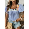 thumbnail image 5 of Women's Sky Blue Stripe Textured Ruffle Short Sleeve Boho Blouse | [ZhiHiMeRi] | (US 12-14)L, 5 of 12