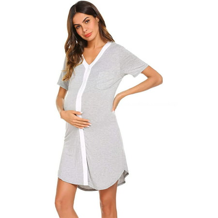 

Women s Button Down Nightgown Short Sleeve Nightshirt V-Neck Sleepwear Soild Color Boyfriend Sleepshirt Pajama Dress grey Gray S