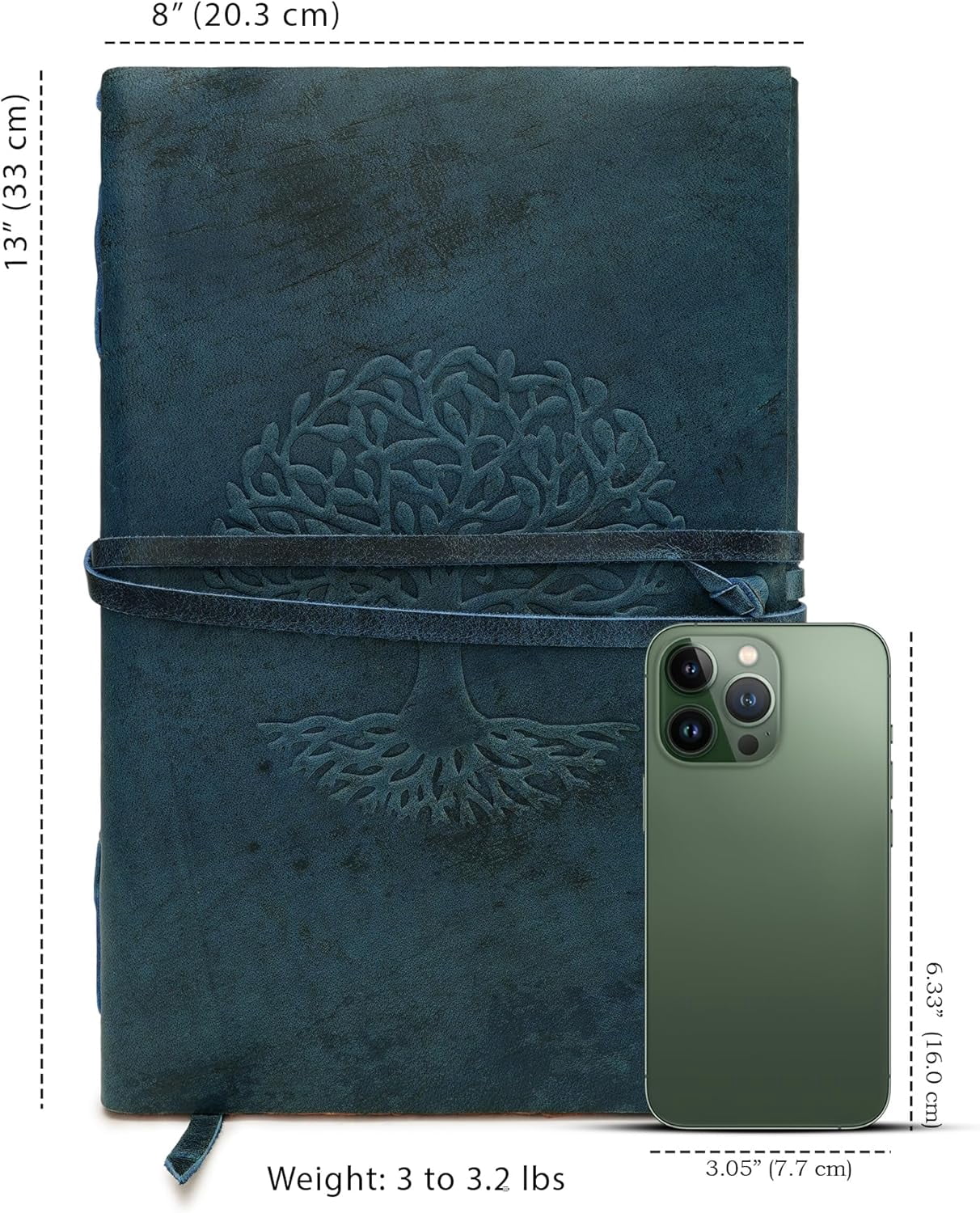 Tree Of Life Leather Journal for Women and Men, Handcrafted Writing Sketchbook Travel Diary with Unlined Deckle Paper Dark Blue 8x13
