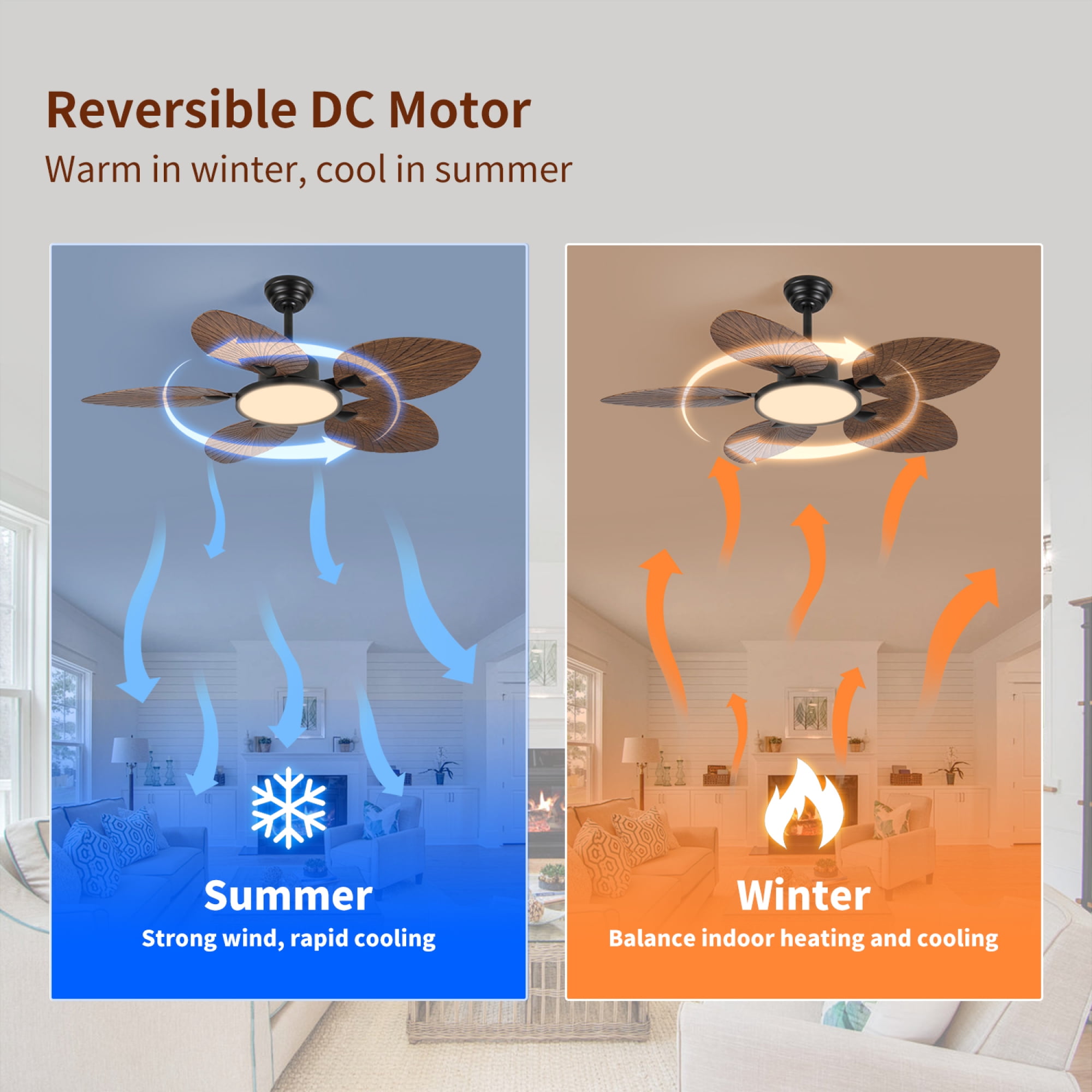 Jopath 52 Inch Tropical Palm Leaf Ceiling Fan with Lights and Remote Control,5 Blades Silent DC Motor for Bedroom Indoor/Outdoor Use Amber
