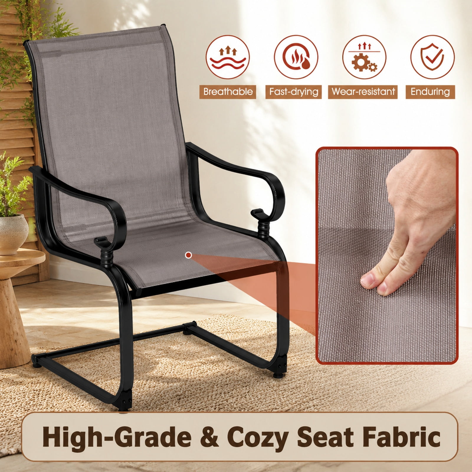Furnibear Set of 2 Patio Chairs with Quick-drying Breathable Fabric and 15 Degree Rocking Motion for Backyard Pool and Porch, Gray