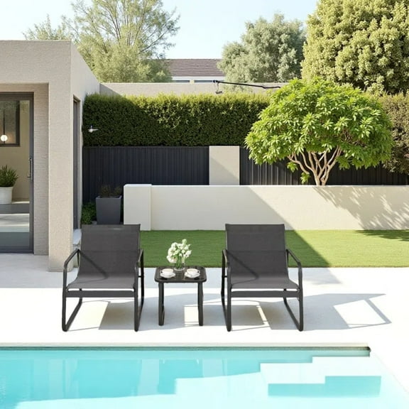 3 Pieces Patio Set,Outdoor Furniture 1 Coffee Table with 2 Steel Chairs for Yard Lawn Pool,Black
