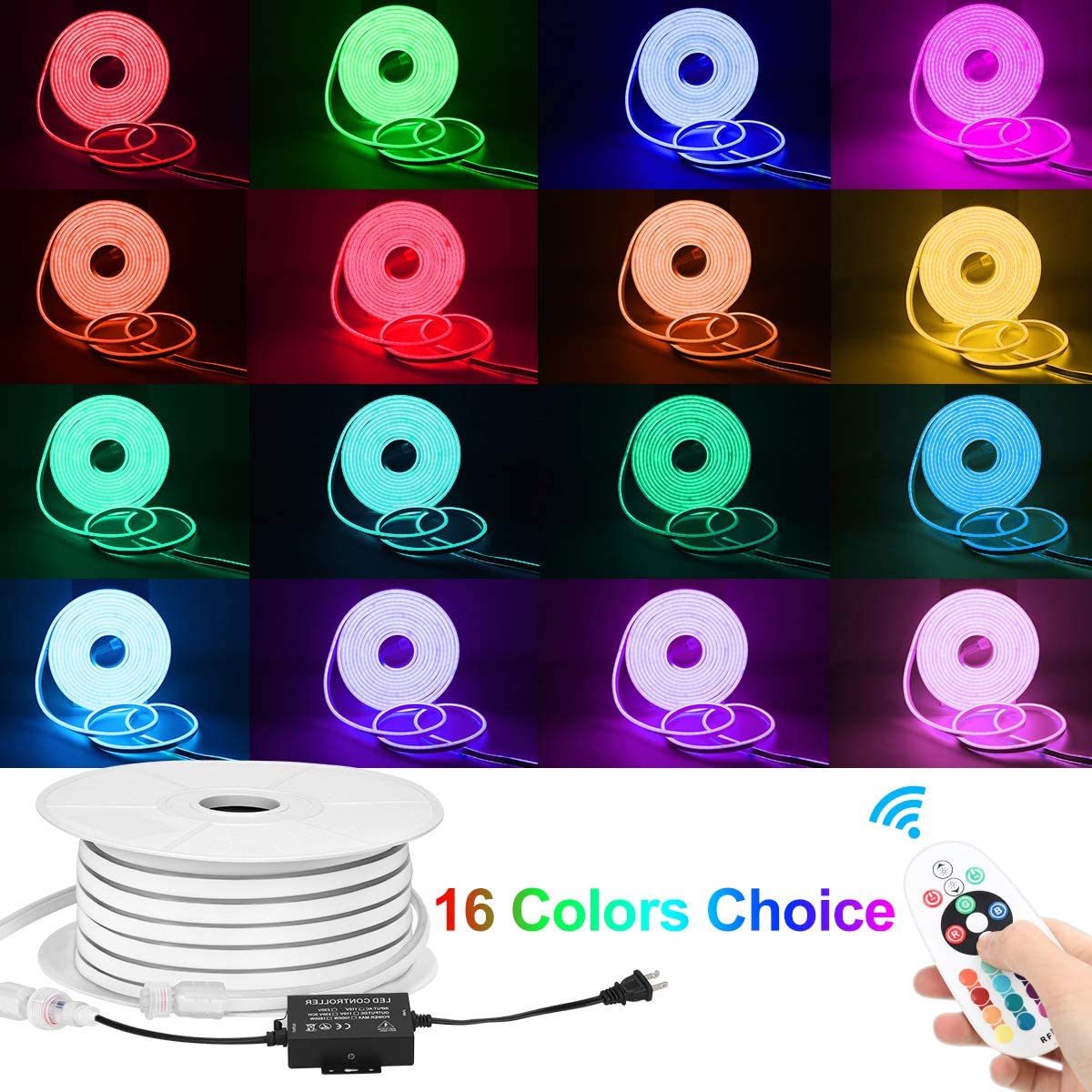 Brillihood 50ft/15m LED RGB Neon Rope Light, 120V (150ft Max) Linkable Light Strip, IP67 Waterproof, Multicolor Neon Strip Lighting with RF Remote Controller for Indoor Outdoor Ambient Decoration