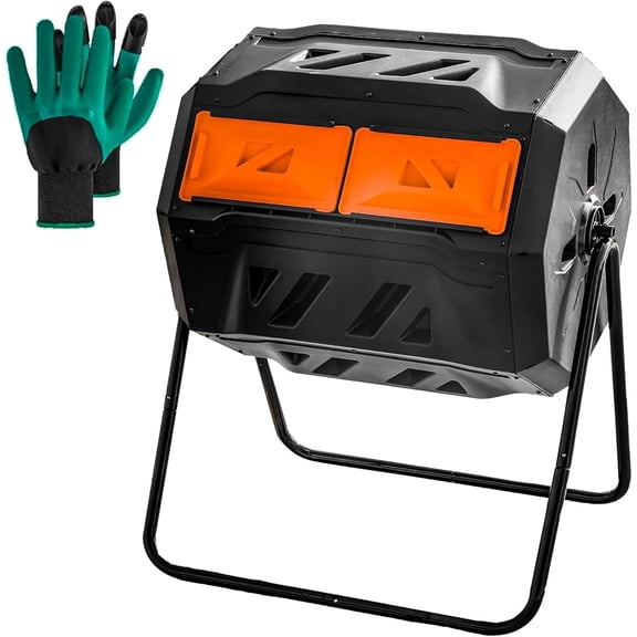 Compost Bin Outdoor, 43 Gallon Dual Chamber Tumbling Composting Bin with Sliding Doors, Tumbler Rotating Batch Composter Bin for Garden Kitchen Yard