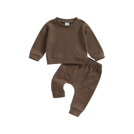 

Wallarenear 2Pcs Baby Boy Waffle Knit Sweatshirt Pullover Tops Elastic Waist Joggers Pants