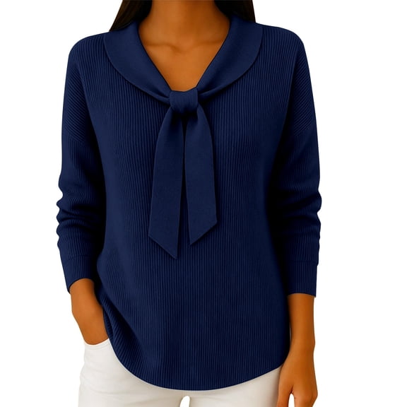 VISALY Bow Tie Collar Knit Sweater for Women Elegant Long Sleeve Ribbed Knit Pullover Sweater Soft Lightweight Office Dressy Casual Tunic Shirts Fall Trendy Business Casual Outfits Dark Blue L
