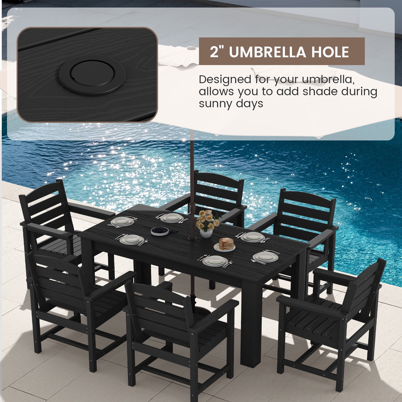 SERWALL Outdoor Dining Set for 10, 2 Outdoor Dining Tables with Umbrella Hole and 10 Armless Dining Chairs, All Weather Patio Dining Set, Black
