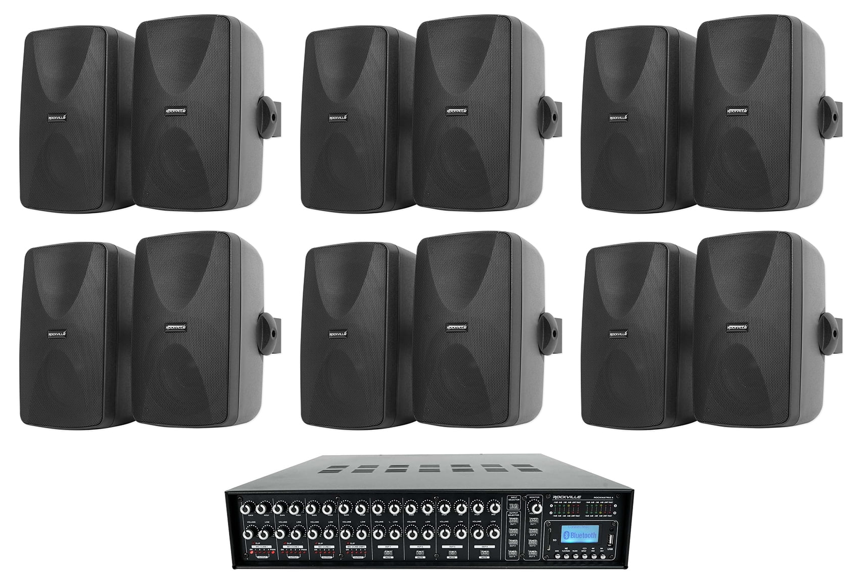 (12) 5.25" Black Wall Speakers+Multi Room Amp For Restaurant/Office