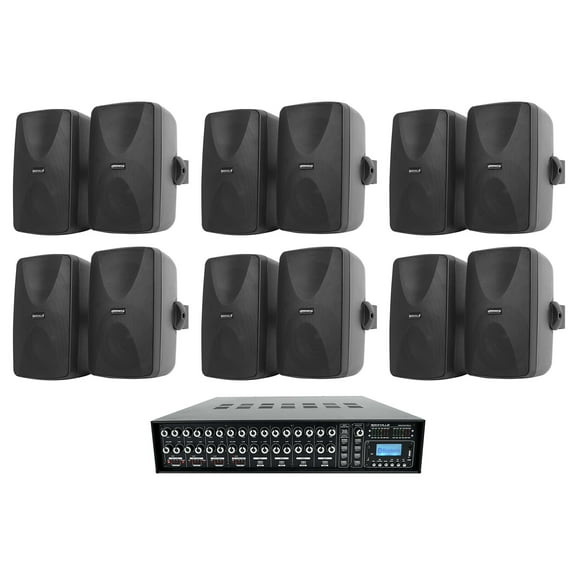 (12) 5.25" Black Wall Speakers Multi Room Amp For Restaurant/Office/Cafe/Bar