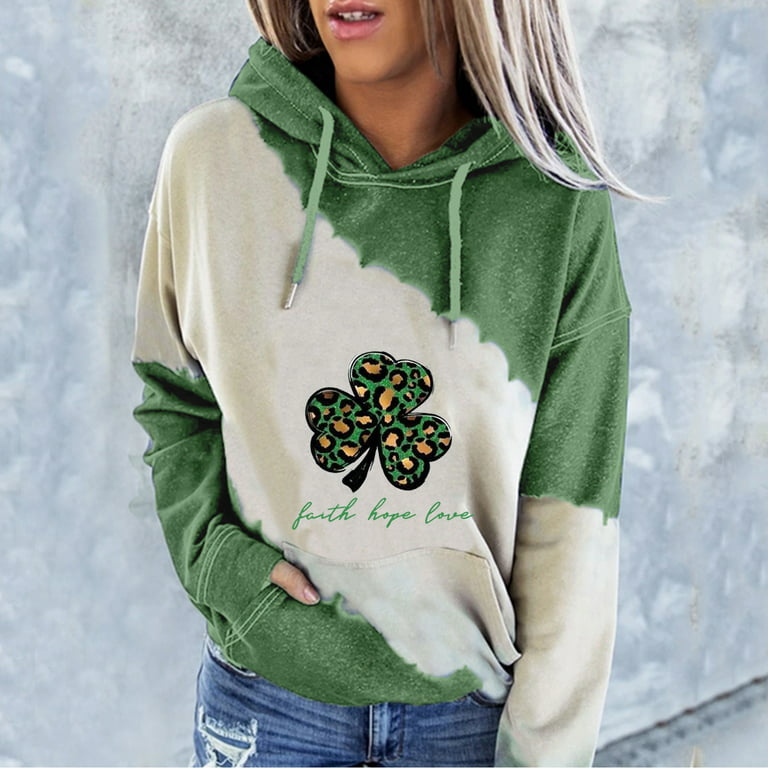 KIJBLAE Savings Women's Fashion Sweatshirt Pocket Drawstring Pullover Tops  St. Patrick's Day Clover Print Casual Comfy Womens Hoodie Sweatshirt Trendy  Clothes for Women Army Green XXL 