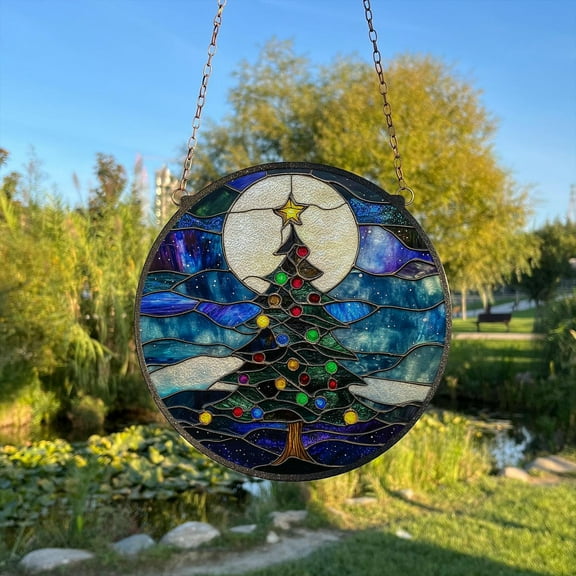 Christmas tree, full moon Painted Stained Glass Suncatcher, Window Hanging Decor, Outdoor Sun Catcher Decor, Holiday SeasonÃ‚ WallÃ‚ Decor