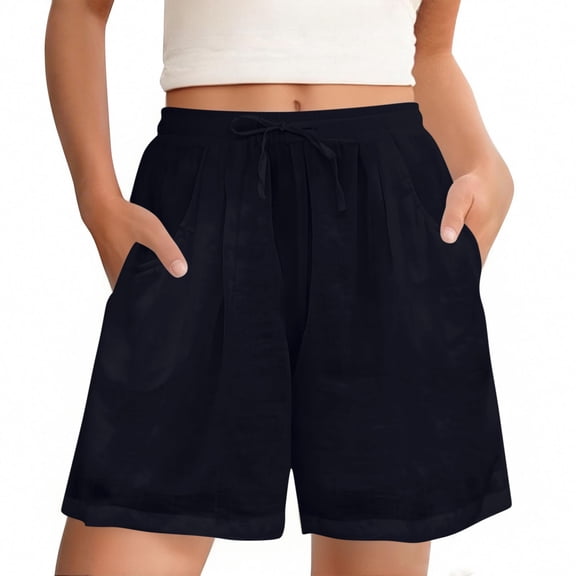 hoksml Women's Cotton Linen Drawstring Shorts, High Waist Elastic Waist Casual Shorts, Loose Fit Summer Shorts with Pockets