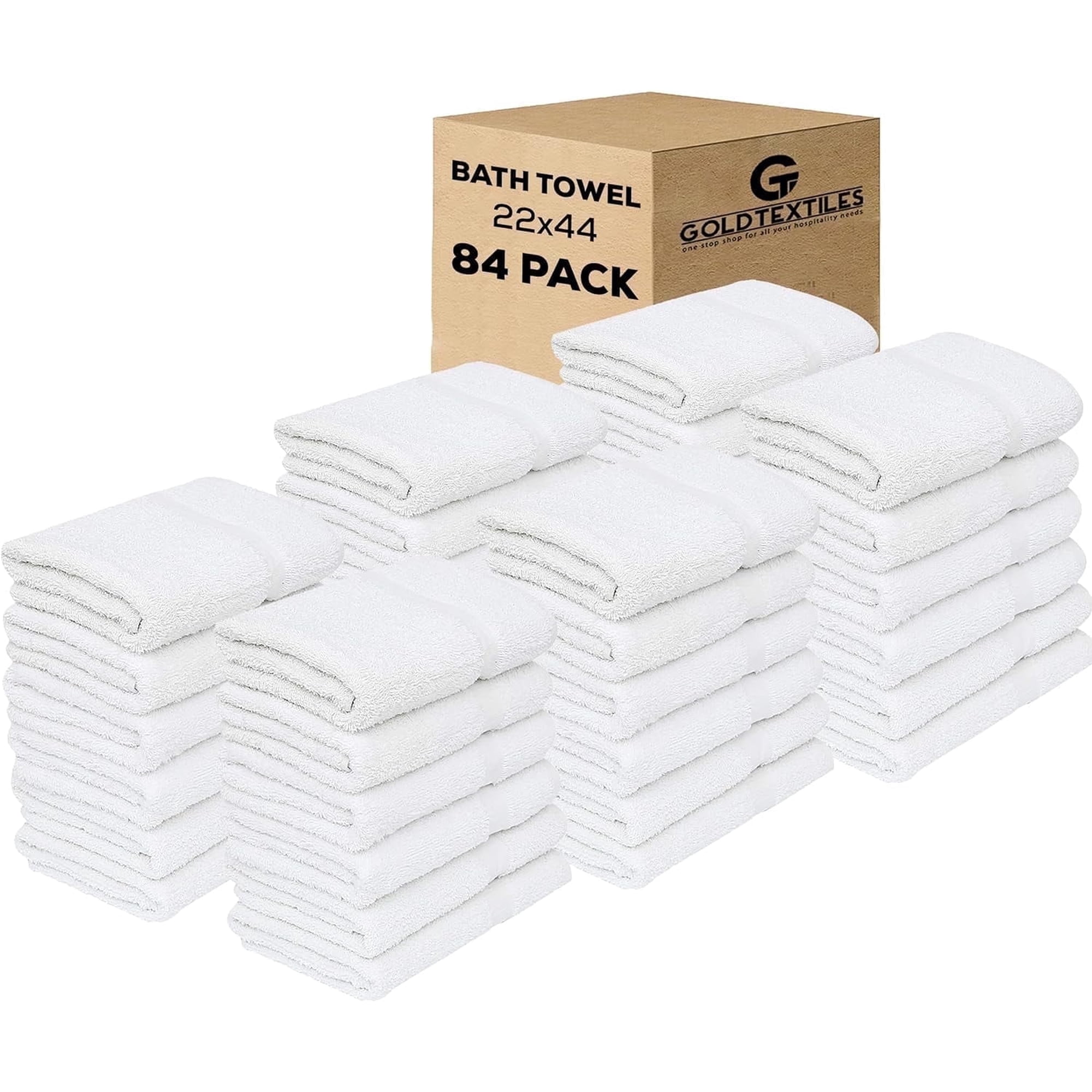 GOLD TEXTILES 84 Pack Economy White Bath Towels Bulk 22x44 Inches Cotton Blend Multi Purpose Hotel Towel for Commercial & Home Use Lightweight Easy Care & Quick Dry Towels for Pool Gym and Spa