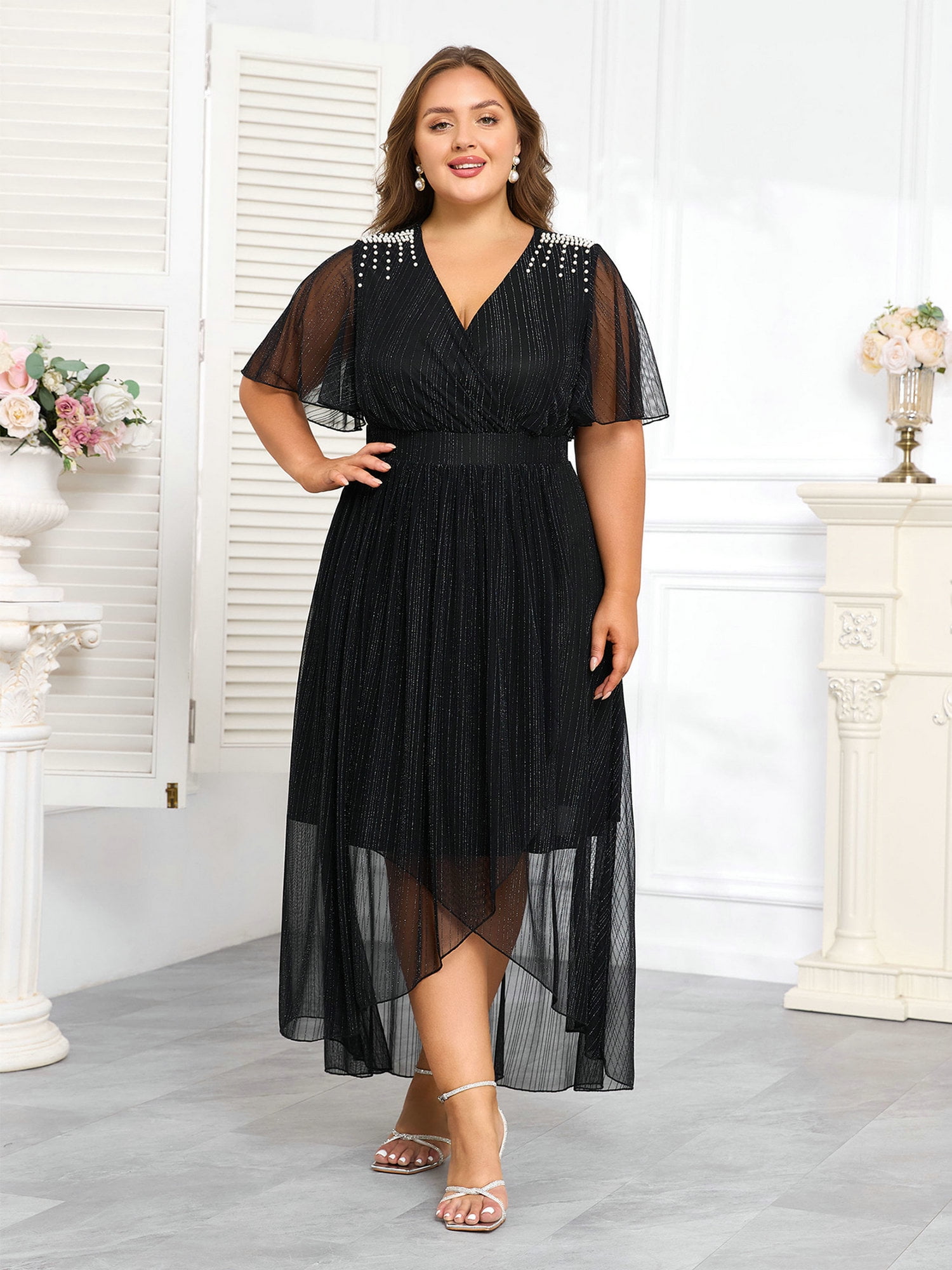 white christmas dresses Final Sale Plus Size Shiny Bodycon Dress with Side Ruffle and Front Slit in Red main image 1