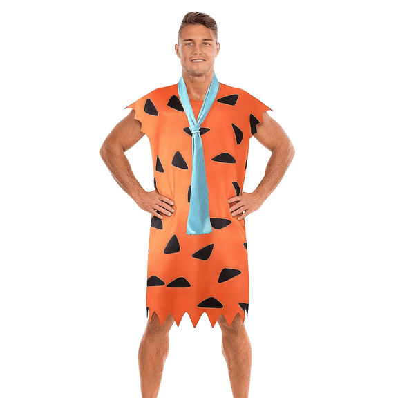 2 Pieces Adult Caveman Cosplay Costume,Orange Caveman Tunic with Light Blue Tie for Halloween Cosplay Parties
