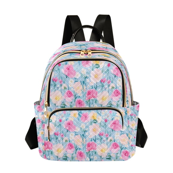 Qxltty Quilted Backpack for Women, Pastel Pink Floral Travel Daypack with Front Pocket for Casual Daily Use