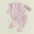 thumbnail image 5 of Odeerbi 0-18 Months Infant Girls Cotton Outfits Layette Set Solid Color Long Sleeve Bodysuit Bow Sweatpants Headband Three Pieces Set Infant Girls Clothes, 5 of 8
