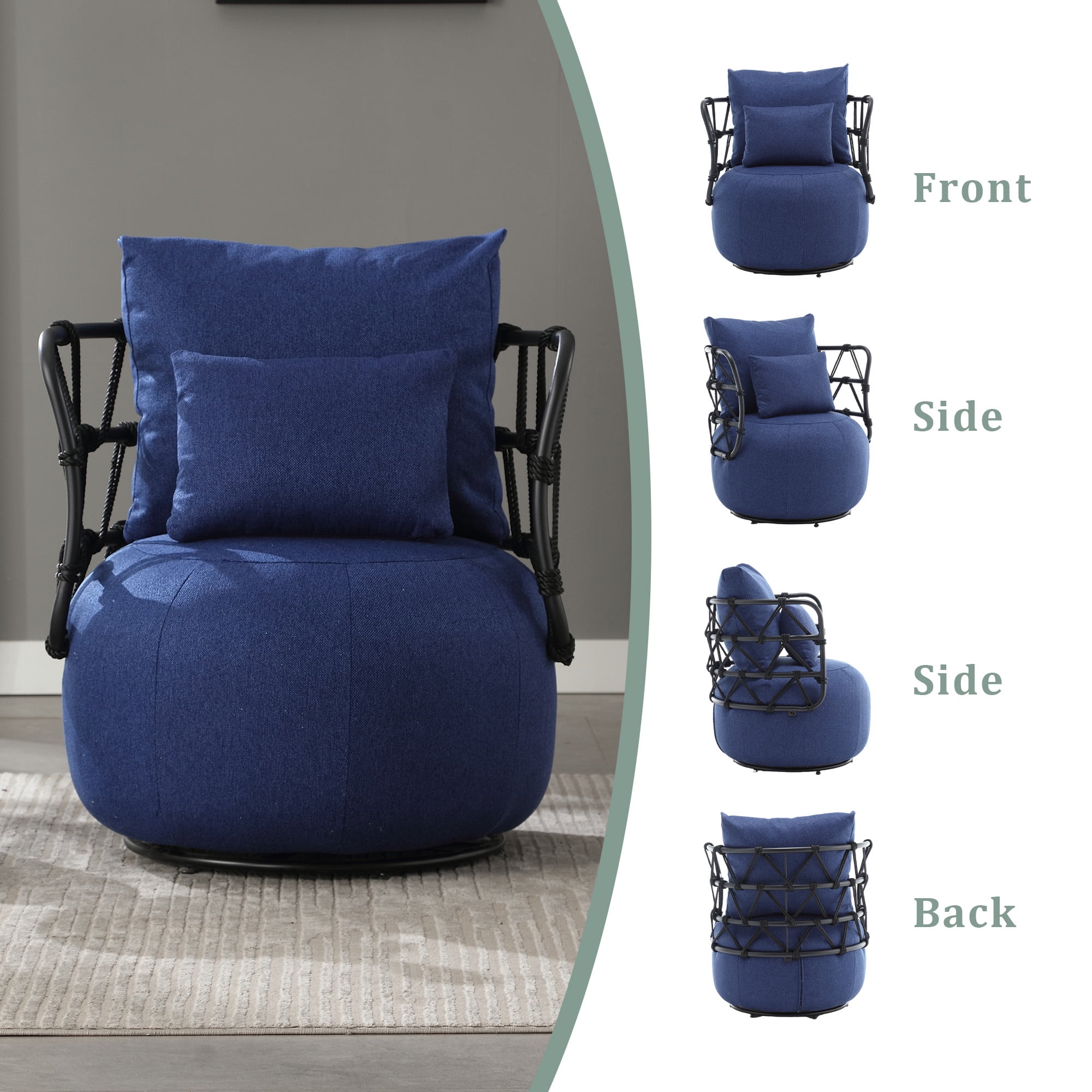 MOONMISS Textured Linen Fabric Upholstered Tufted Accent Chair with Metal Stand-Navy Blue
